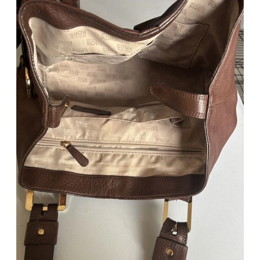 Michael Kors Harness Grab Bag Dark Brown Mocha Pebble Leather Purse Handbag